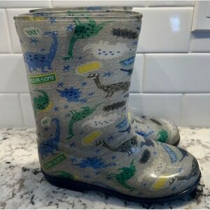 Dinosaur Rain Boots Kids Size 2 Gray Blue Green‎ Roar-Some Yay